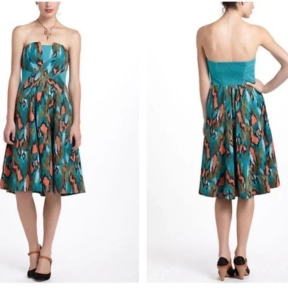 Anthropologie Girls From Savoy Teal Painted Ikat Strapless Dress Southwest Sz 4 - Picture 10 of 15